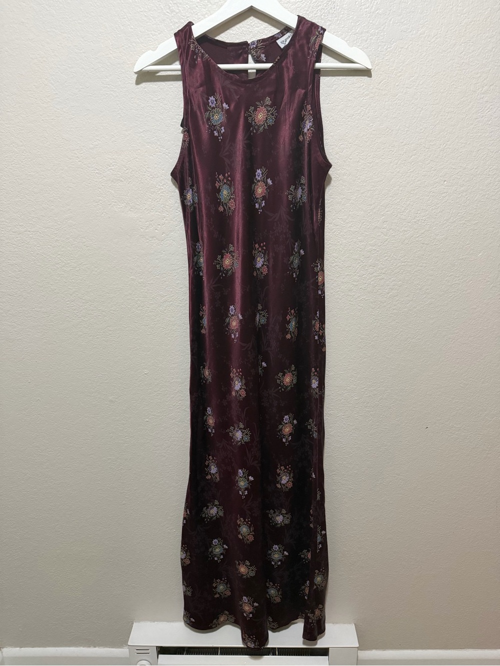 Vintage 90s Burgundy Floral Sheath Dress Romantic Dark Feminine Maxi
